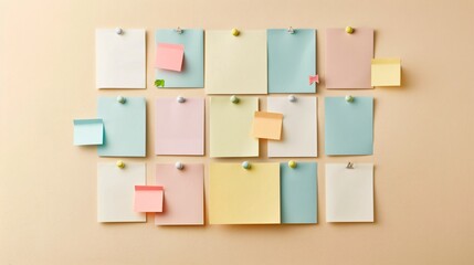 A clean bulletin board with just a few neatly arranged notes and reminders, against a plain background