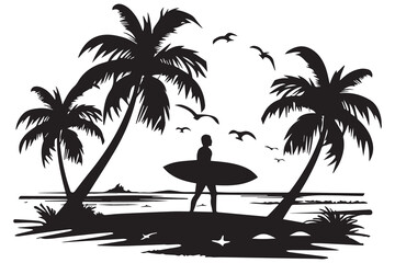 summer art design palm tree surfing man beach white background