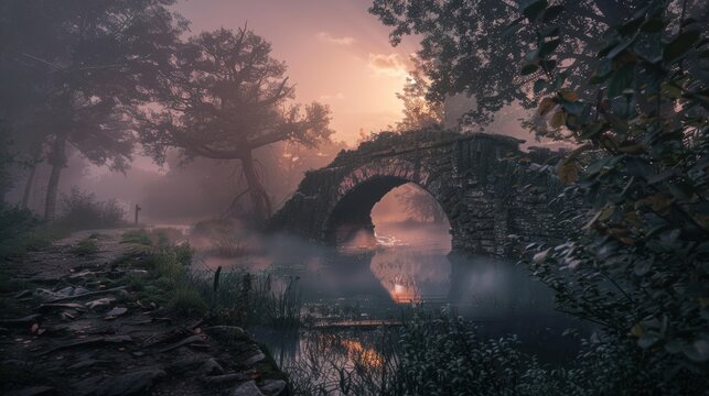 A troll under a bridge in a misty swamp at dawn