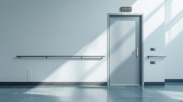A clean, minimalist classroom door with a simple design, placed in a plain, uncluttered hallway