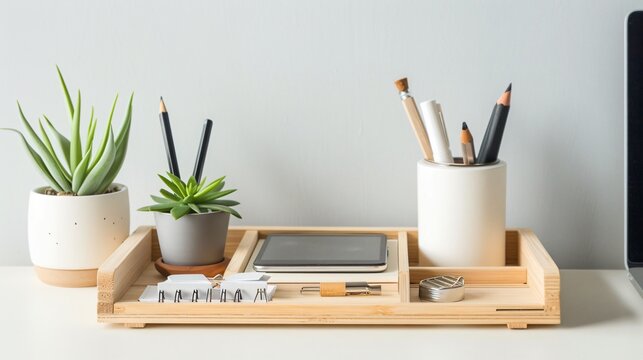 A clean, modern desk organizer with a few essential items neatly arranged, placed on a plain surface