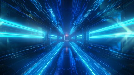 Blue neon lights, lines, technological dark background.