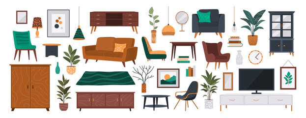 Modern Home Interior, Furniture and Decor Set. Stylish Bedroom or Living Room Interior. Cozy Modern Comfortable Apartment. Isolated Flat Vector Illustrations on white background.