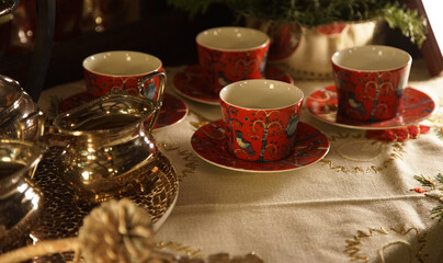 Scenery of tea utensils on the table in the morning sun