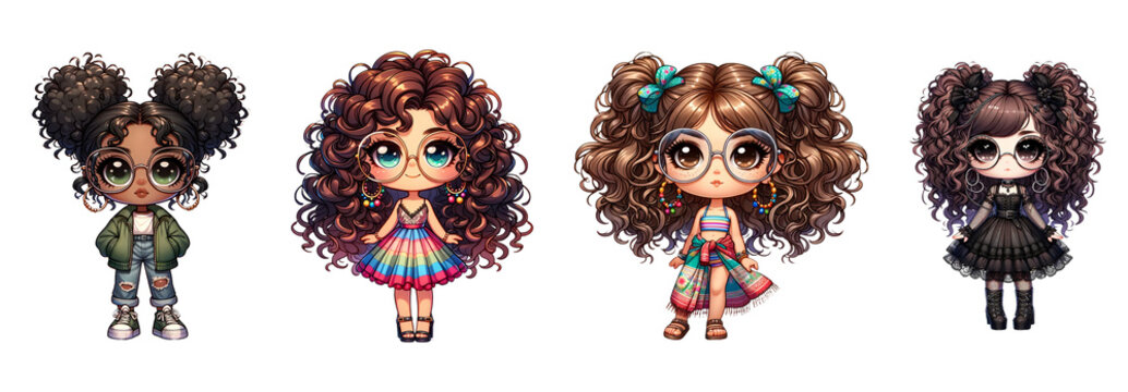 Cute chibi girl characters isolated on transparent background