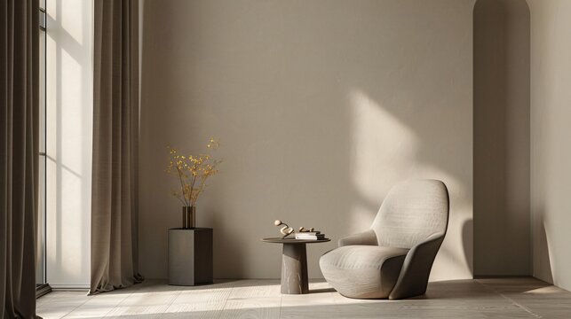 A minimalist reading corner with a clean chair, a small table, and a few select books, in a simple setting