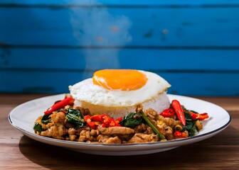 Stir fried Thai basil with minced pork and a fried egg