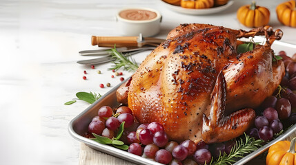 Thanksgiving pepper roasted turkey on tray garnished with red grapes,&nbsp;