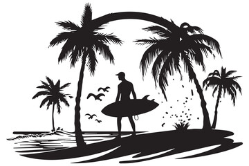Silhouettes of young men surfing in swimsuits with surfboards on the beach with strong waves, and on a white background. Vector design illustration