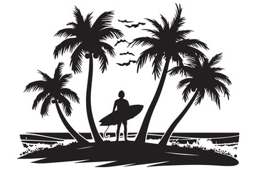 Silhouettes of young men surfing in swimsuits with surfboards on the beach with strong waves, and on a white background. Vector design illustration