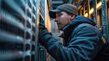 A man in a hat and a jacket is looking into a vent