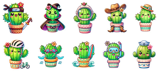 Kawaii cactus characters stickers set, cute and colorful