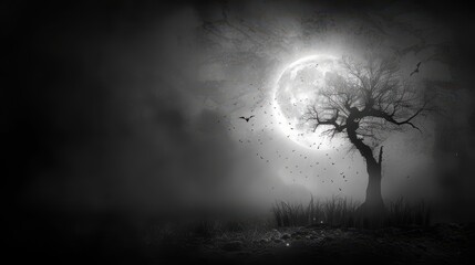 Mystical Moonlit Night with Silhouetted Tree and Bats in Foggy Landscape