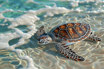 A sea turtle swims through clear, shallow water with foamy waves in the background