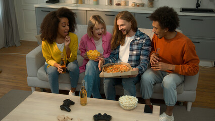 Food delivery service multiracial African Caucasian people friends diversity together gathering party man bring beer bottles pizza men women girls guys friendship home females males party watching tv