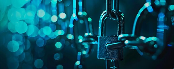Closeup of Padlock with Chain in Blue Bokeh Background - Photo