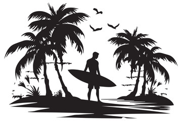 silhouette Beach, palm trees, surf. summer vector illustration