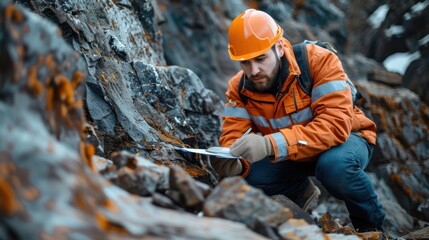 A man in an orange jacket is looking at a map while sitting on a rock