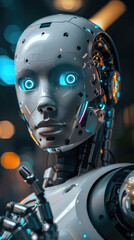 Fototapeta premium A close-up shot of a futuristic robot with blue eyes, staring directly at the viewer, and a partially visible mechanical arm