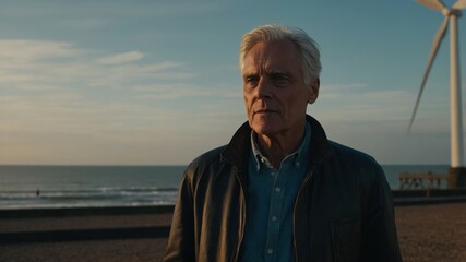 An older man looking pensive, standing by the beach near a wind turbine at sunset, capturing a moment of reflection.
