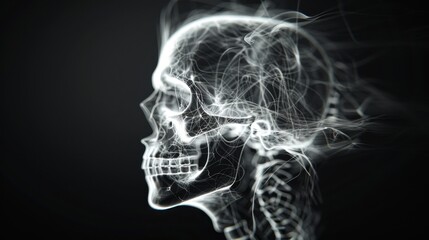 Abstract Digital Art of a Human Skull with Light Trails on a Dark Background