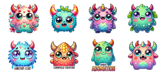 Adorable kawaii monster characters stickers, cute and colorful designs