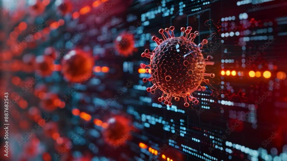 Poster a 3d rendering of a virus, likely representing the covid-19 virus, overlaid on a digital display wit
