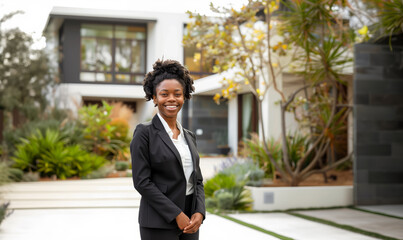 Smiling African American real estate agent. African American real estate professional. African American businesswoman real estate.