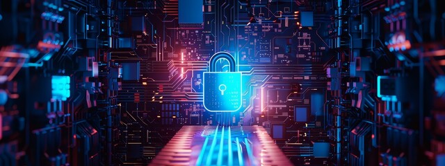 Fototapeta premium Cyber ​​security and data protection symbolized by a padlock, internet network security, protect business and financial transaction data from cyber attack, user private data security encryption.