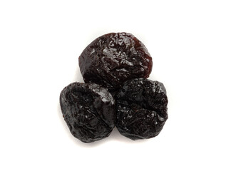 Dry Plums Isolated, Dried Black Fruits, Prune Group, Dry Plum Fruit on White Background