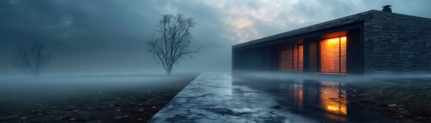 Fototapeta premium Modern Minimalist House in Foggy Landscape with Warm Interior Lighting at Dusk