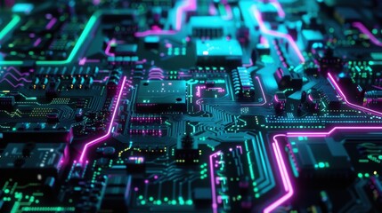 Obraz premium A highly detailed and intricate circuit board glowing with neon blue green light, showcasing the complex patterns of technology. 