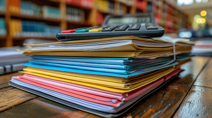 Pile of Documents and Calculator on Desk, Office Background with Blurry Bookshelves. Representing Financial Analysis, Accounting, and Administrative Work.