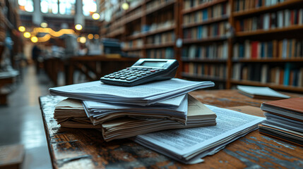 Pile of Documents and Calculator on Desk, Office Background with Blurry Bookshelves. Representing Financial Analysis, Accounting, and Administrative Work.