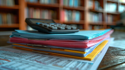 Pile of Documents and Calculator on Desk, Office Background with Blurry Bookshelves. Representing Financial Analysis, Accounting, and Administrative Work.