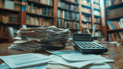 Pile of Documents and Calculator on Desk, Office Background with Blurry Bookshelves. Representing Financial Analysis, Accounting, and Administrative Work.