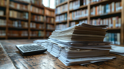 Pile of Documents and Calculator on Desk, Office Background with Blurry Bookshelves. Representing Financial Analysis, Accounting, and Administrative Work.
