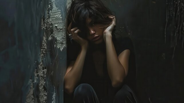 A girl is sitting in a dark corner, she is scared and alone.