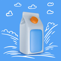 Paper milk package in realistic 3d style with hand drawn silhouette landscape. Minimalistic modern collage. Vector illustration.