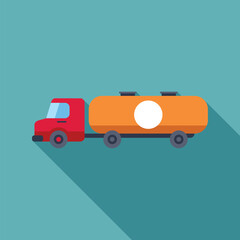 Red semi truck transporting goods in orange trailer truck driving to the right on turquoise background