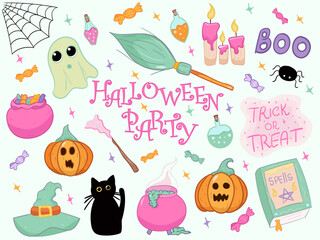 halloween item sticker set, cat, hat, book with spells, gost, candy, broom, candles, potion, spider, cobweb, pumpkin, vector illustrration, green, orange, pink colors, for web, print, social media 
