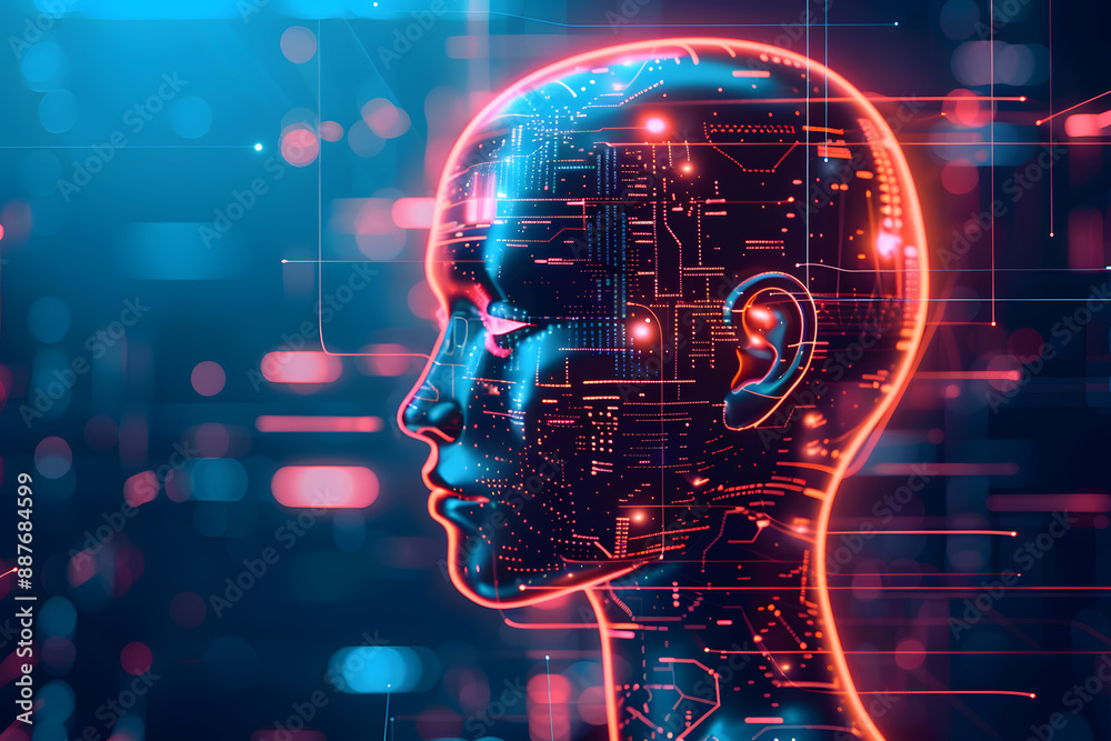Poster side profile of a futuristic artificial intelligence computer head with glowing lines and data