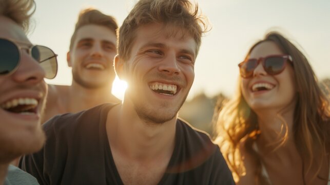 candid shot of friends laughing, genuine expressions, natural lighting