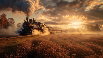A steam locomotive billowing clouds of white smoke as it travels along the tracks. The powerful train showcases the classic design of steam engines, with plumes of steam rising dramatically against