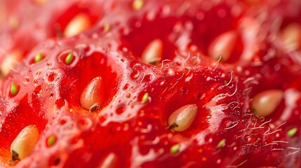 Macro shot of a strawberry's surface, highlighting the seeds and tiny hairs on its skin