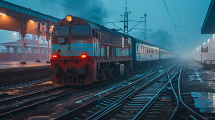 Obraz premium Indian electric locomotive at Amritsar railway station during the day, showcasing vibrant colors and activity around the platform. The scene captures the essence of railway travel in India, 