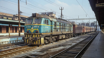 Indian electric locomotive at Amritsar railway station during the day, showcasing vibrant colors and activity around the platform. The scene captures the essence of railway travel in India,