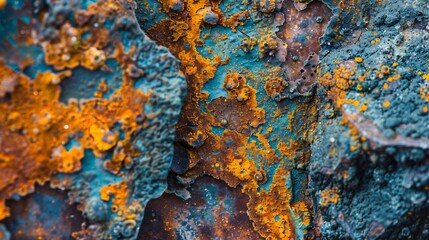 Macro shot of rust forming intricate patterns on a piece of metal, with a mix of colors and textures