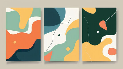 A modern abstract cover set featuring minimalistic designs with colorful geometric backgrounds. These vector illustrations showcase a vibrant blend of shapes and colors, perfect for eye-catching book 