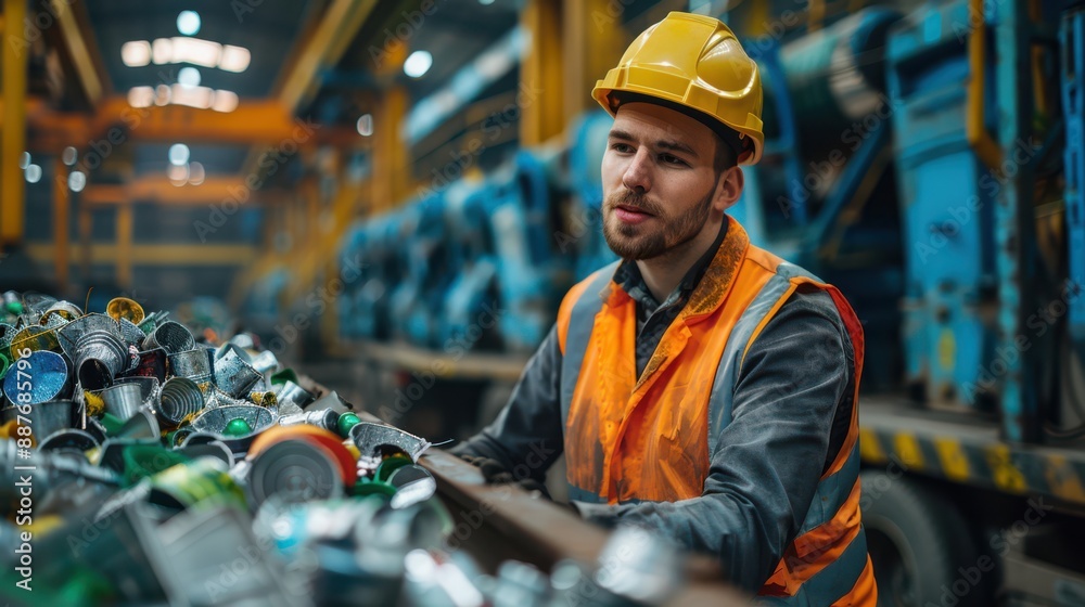 Poster A man in a yellow helmet and orange vest is standing in front of a pile of trash